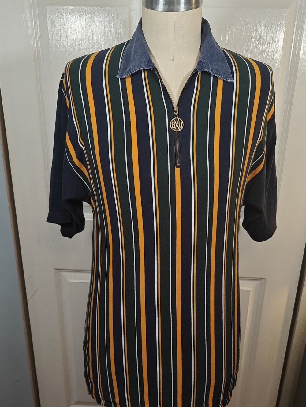 Vintage 90s Big Up Mens Large Striped Zip Polo Shirt Denim Collar Southpole RN